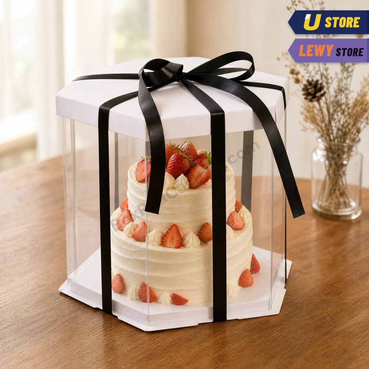 Box mika premium hexagonal putih dengan pita satin hitam, berisi kue dua tingkat berhias stroberi