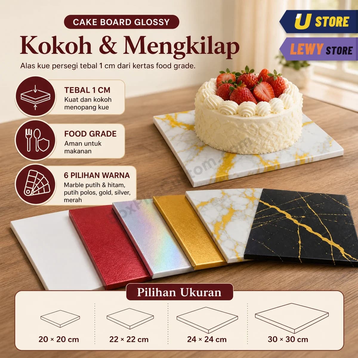 Enam cake board tebal 1 cm: putih polos, merah, silver, gold, putih marble, dan hitam marble, dengan kue stroberi di atas board marble, tersedia ukuran 20 sampai 30 cm