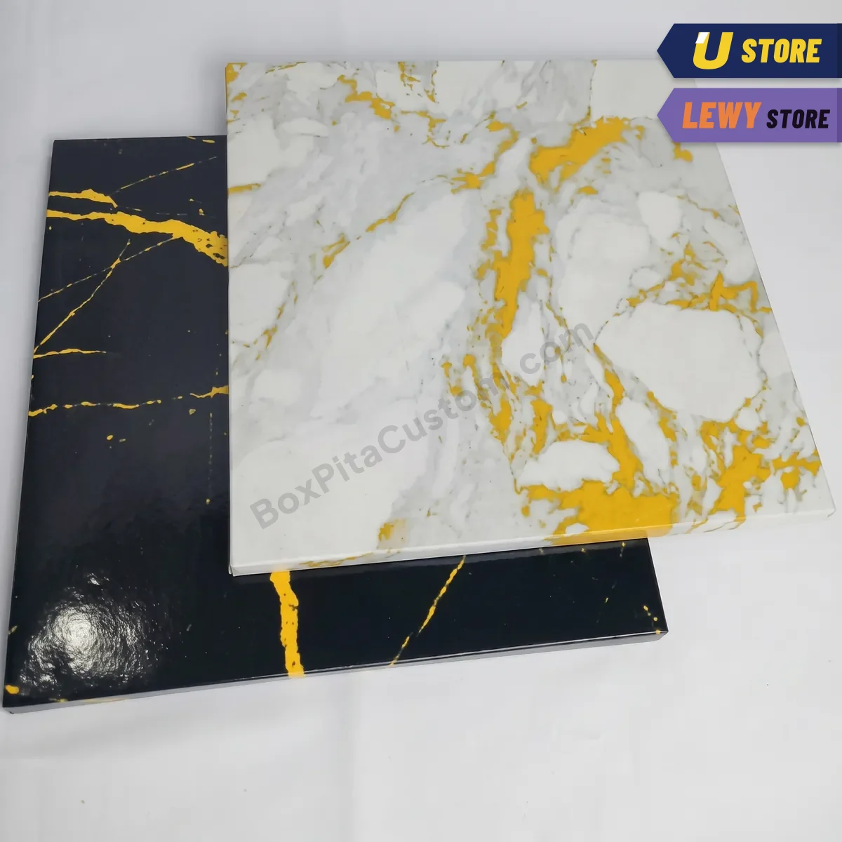 Cake board putih marble dan hitam marble bermotif urat emas, tebal 1 cm