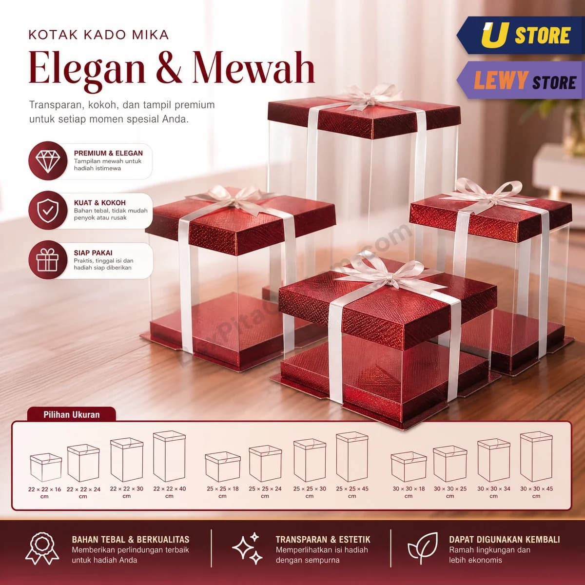 Box mika premium kotak tutup merah bertekstur dengan pita satin putih, tersedia 12 ukuran dari 22 × 22 × 16 sampai 30 × 30 × 45 cm