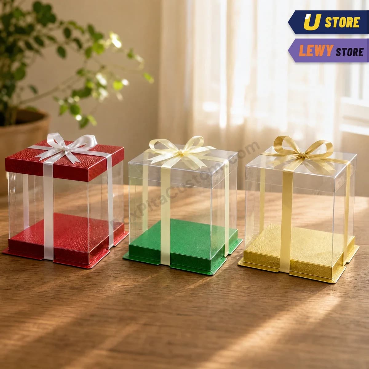 Box mika premium kotak merah, hijau, dan gold berjajar di meja kayu
