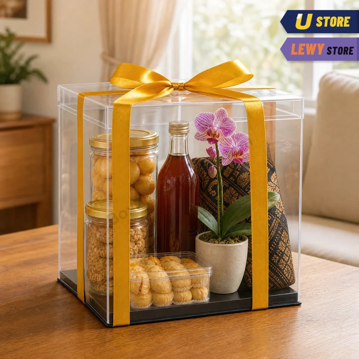 Box mika premium kotak 40 × 40 alas hitam berisi hampers kue kering, sirup, dan anggrek