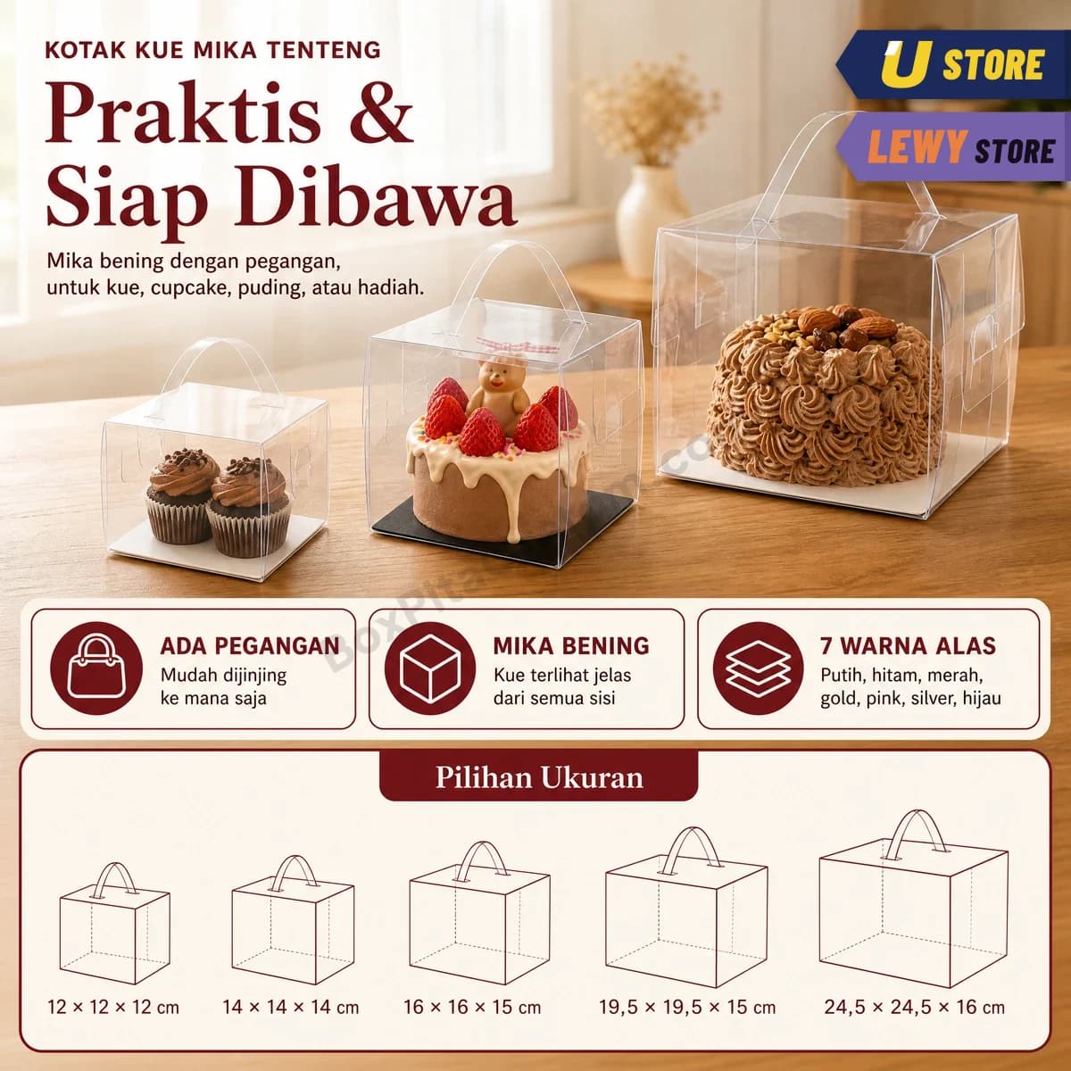 Tiga kotak kue mika tenteng beralas putih dan hitam berisi kue dan cupcake, tersedia 5 ukuran dari 12 × 12 × 12 sampai 24,5 × 24,5 × 16 cm