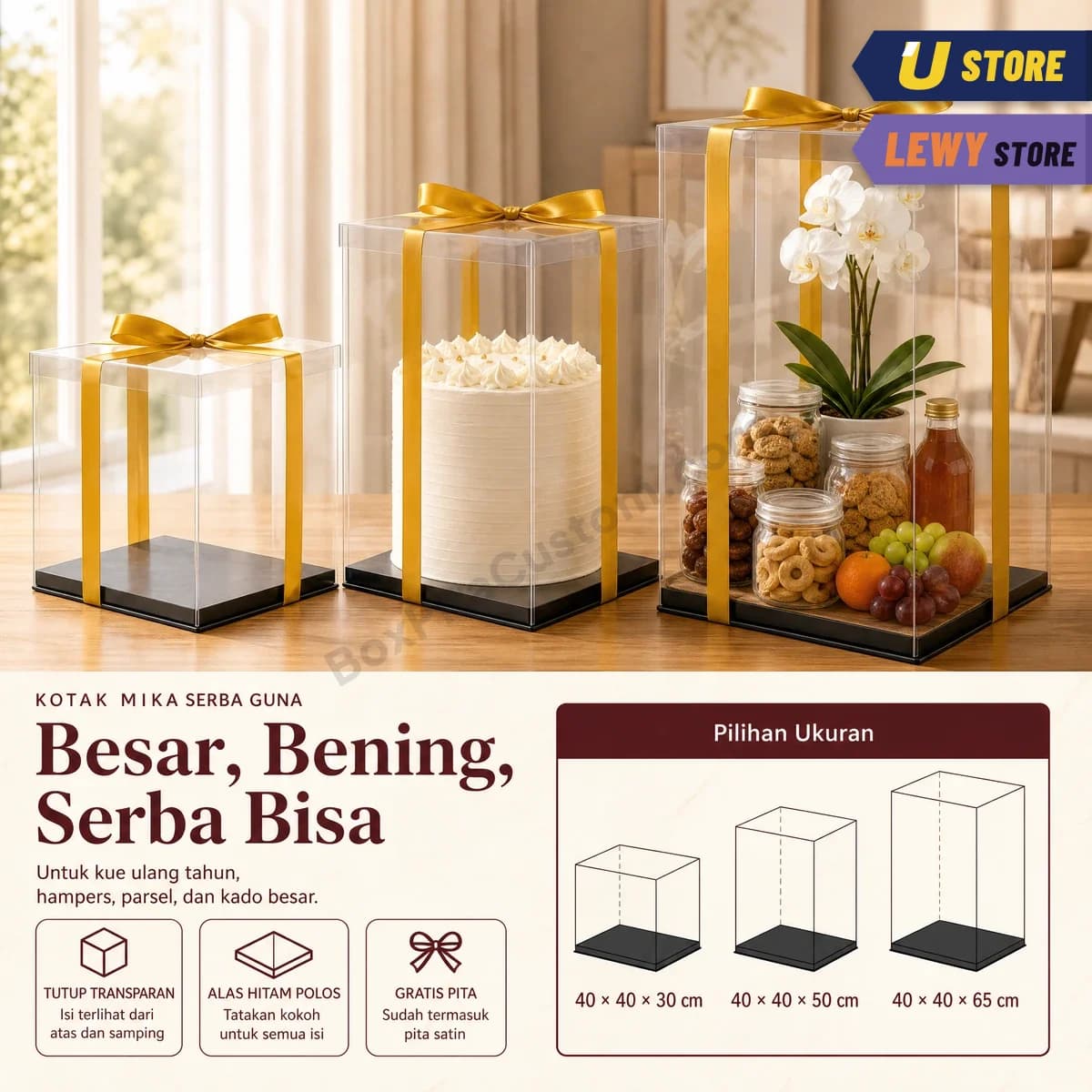 Kotak mika serba guna 40 × 40 dalam tinggi 30, 50, dan 65 cm, berisi kue dan hampers