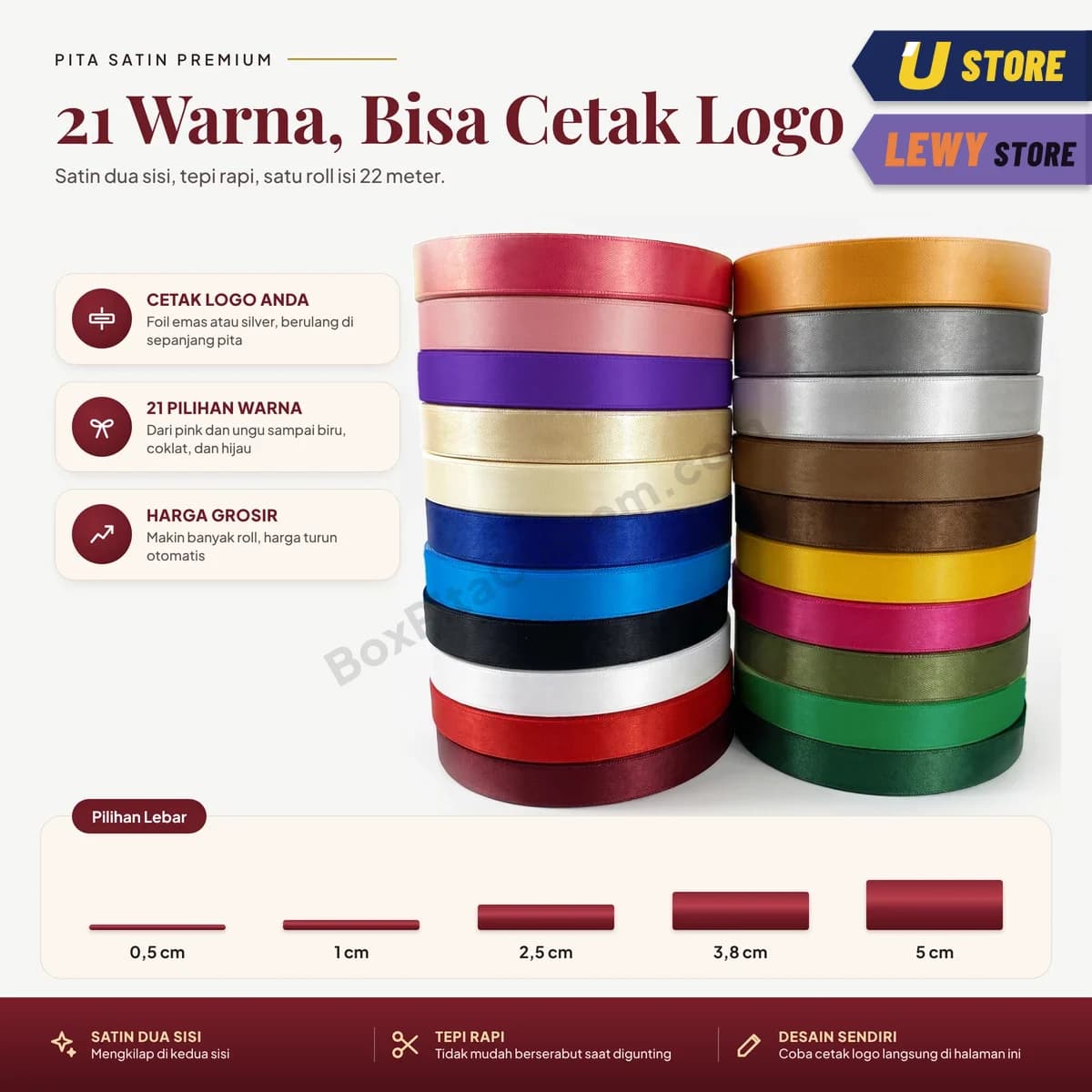 Pita satin premium 21 warna, bisa cetak logo foil emas atau silver, lebar 0,5 sampai 5 cm
