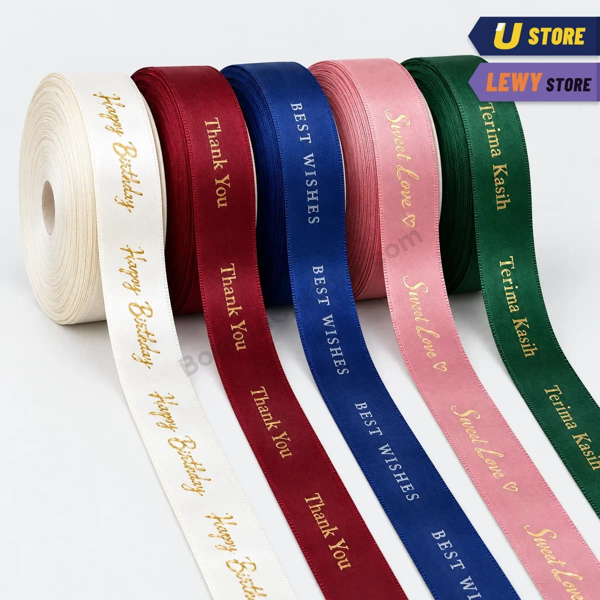 Pita satin 2,5 cm warna putih, maroon, biru tua, pink muda, dan hijau tua dengan cetak foil emas dan silver