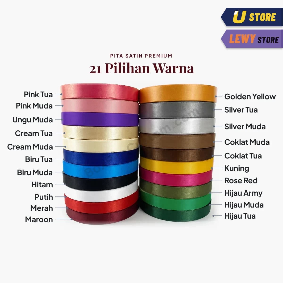 Dua tumpuk gulungan pita satin, 21 warna, dengan nama tiap warna di samping gulungannya
