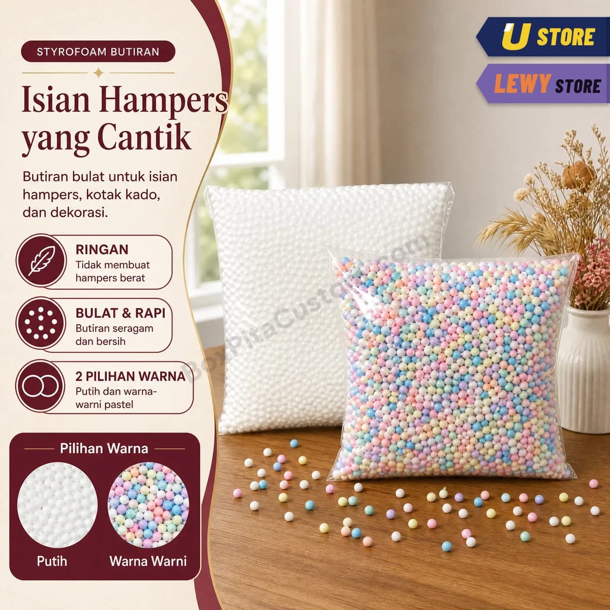 Styrofoam butiran putih dan warna-warni pastel dalam plastik bening, dengan pilihan warna putih dan warna warni