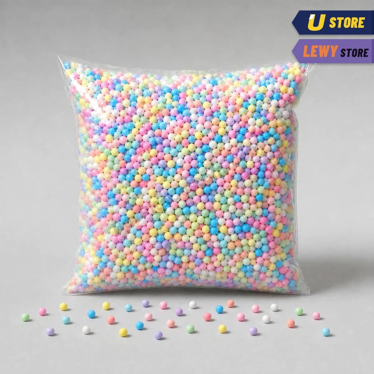 Satu pack styrofoam butiran warna-warni pastel dalam plastik bening