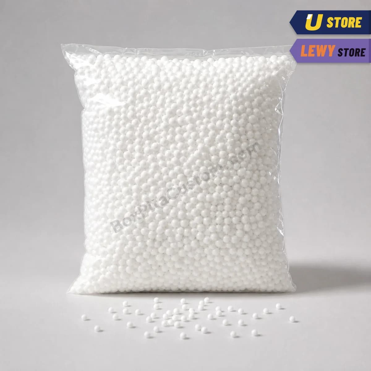 Satu pack styrofoam butiran putih dalam plastik bening
