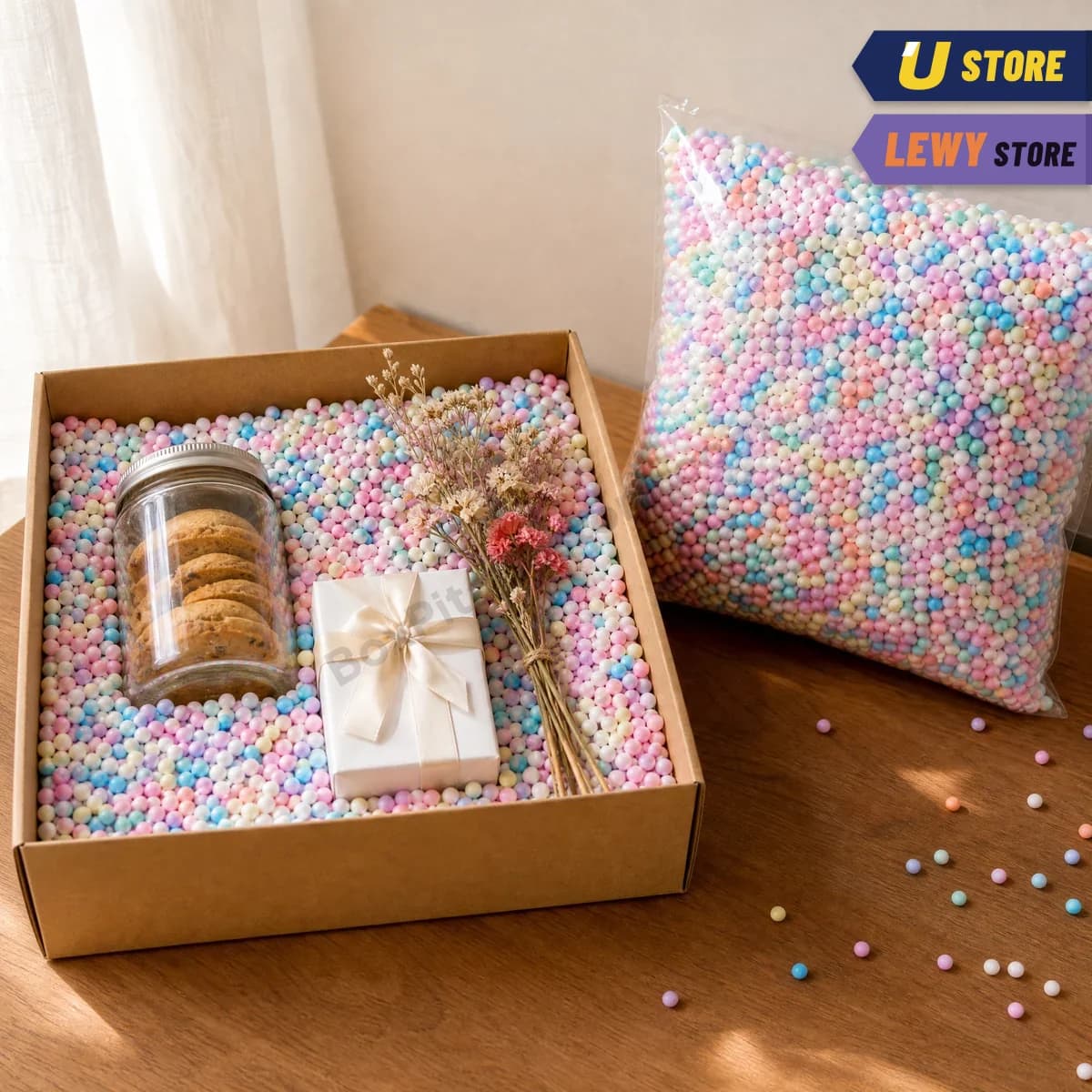 Kotak hampers berisi styrofoam butiran warna-warni sebagai isian, dengan toples kue dan kado kecil